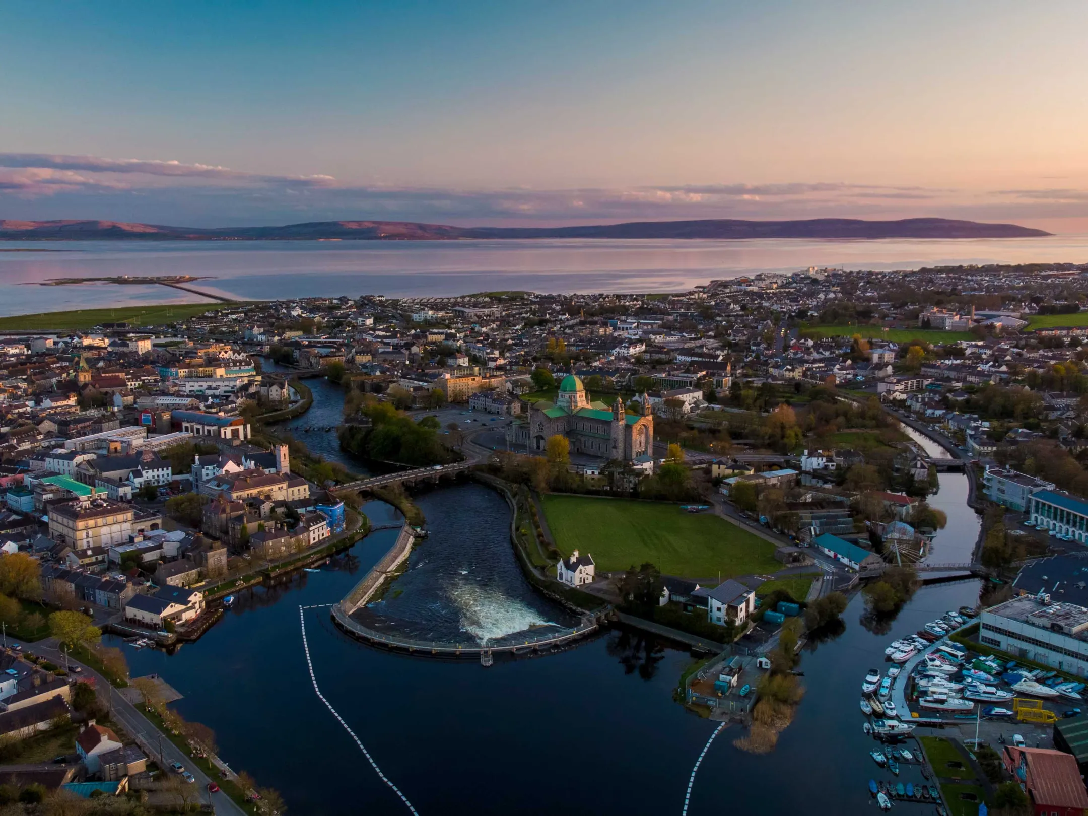 Aerial view of Galway city during sunset