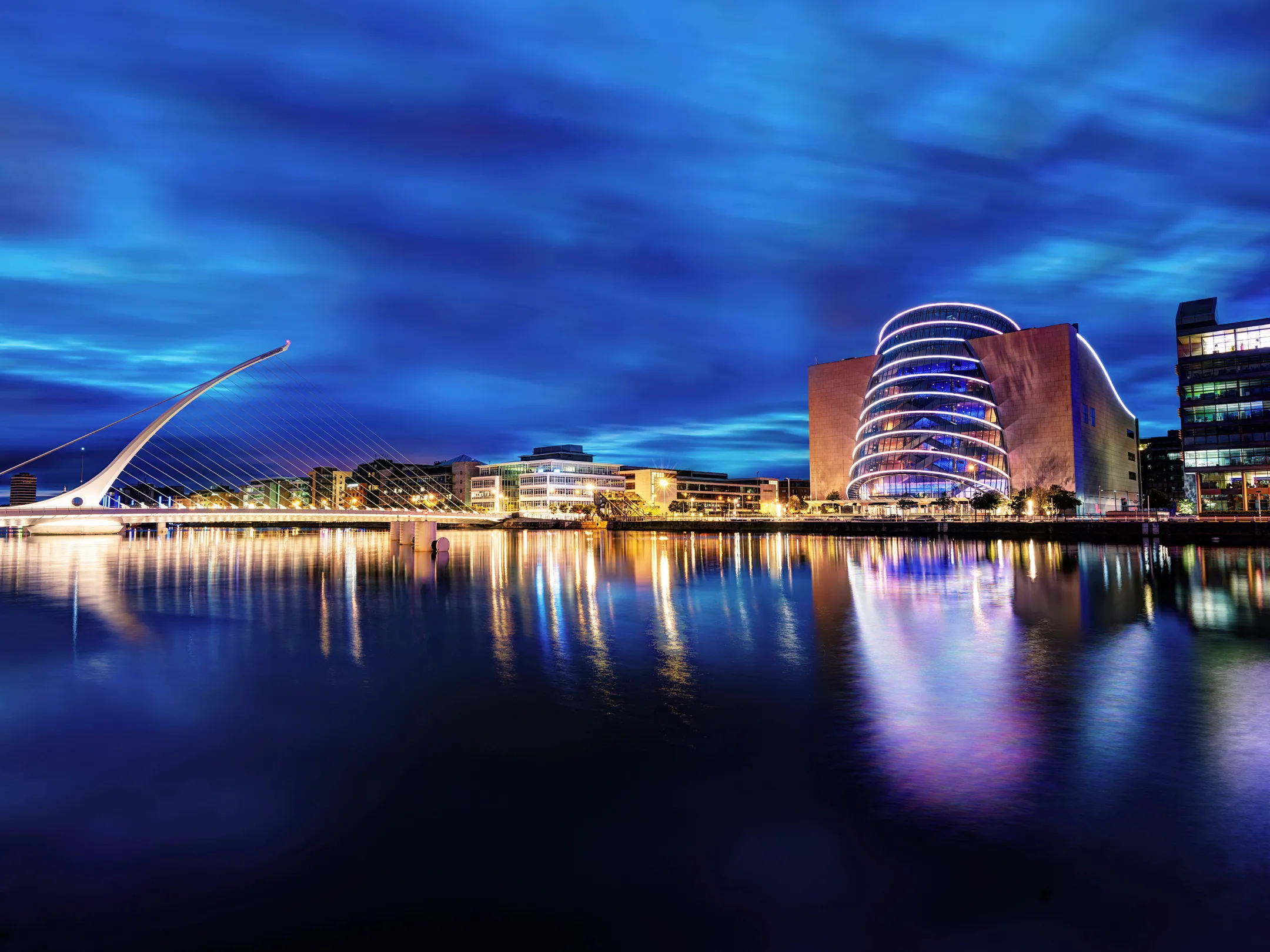 Dublin convention centre all lit up at night time